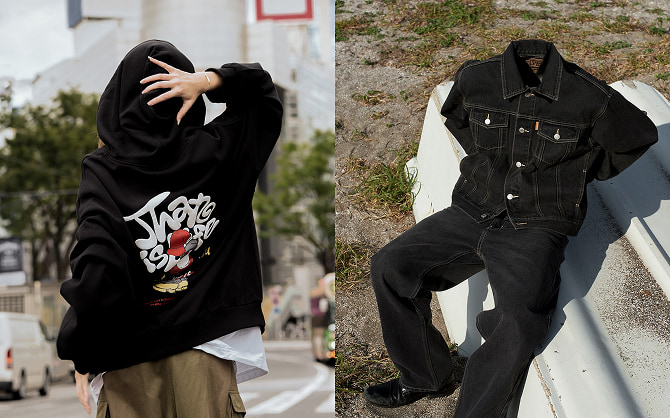 アパレル事業で展開しているブランドの服を着た人物が街中でポーズをとる様子（左）と、無人の状態でベンチに配置されている様子（右）