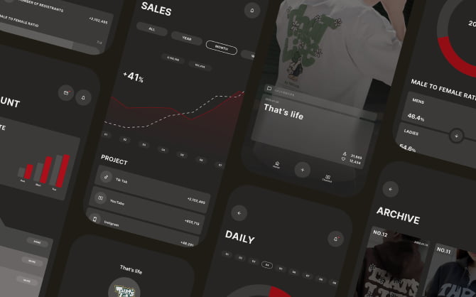 コンサルティング事業で展開している各サービスの活用例。売上推移やユーザー属性、TikTok・InstagramなどのSNSプロジェクト成果、縦型ショート動画の閲覧データなどを可視化したダッシュボード画面が並んでいる